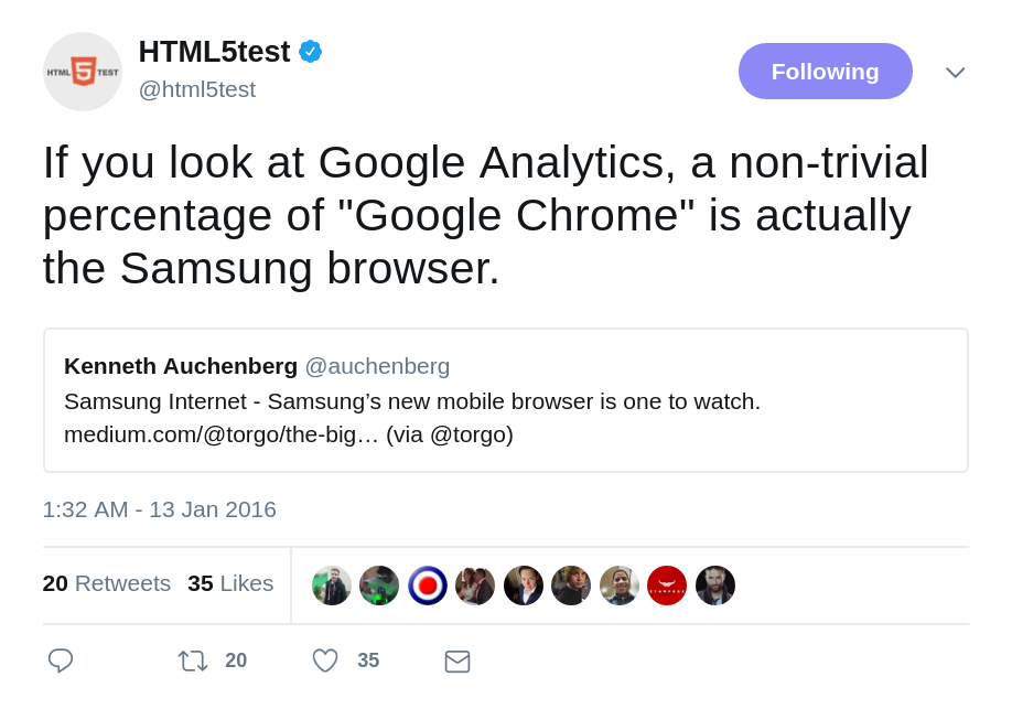 HTML5Test tweet about Samsung Internet not showing up in Google Analytics