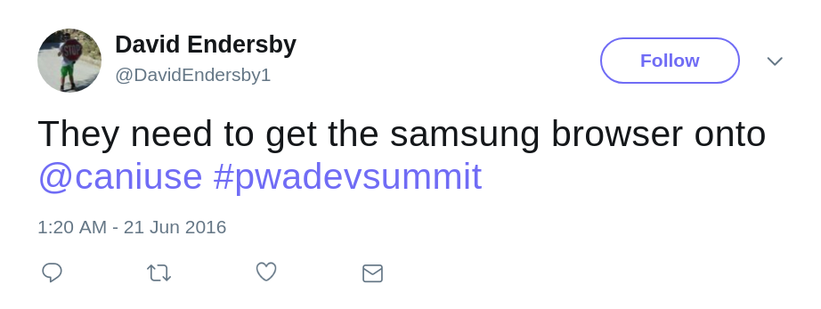 Tweet about Samsung Internet not showing up in caniuse.com
